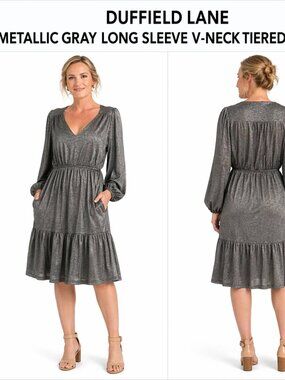 Duffield Lane Metallic Gray V-Neck Tiered Dress L